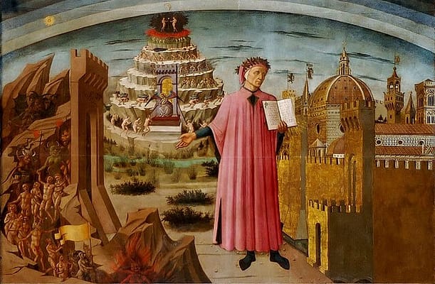 Dante hält ein Exemplar seiner "Göttlichen Komödie" in der Hand
